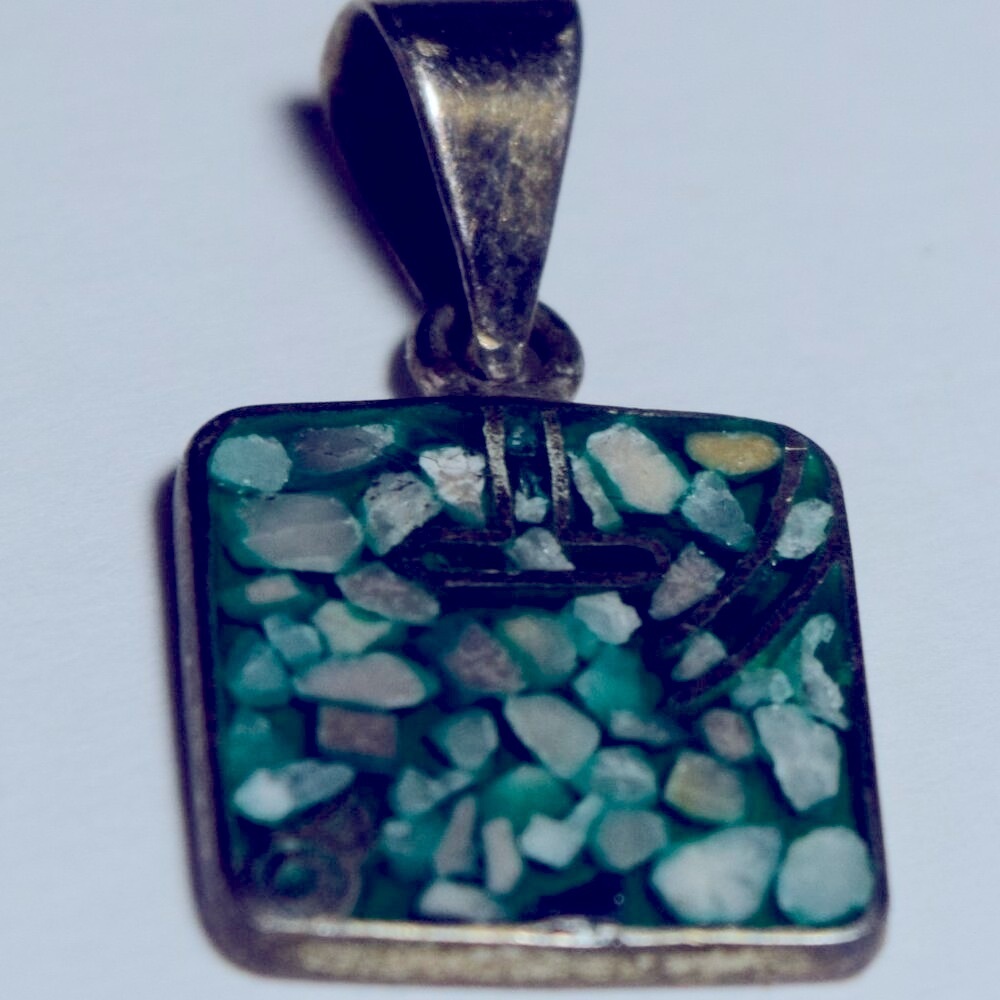 Blue/Green/Teal Square Abstract Sterling Silver Charm Pendant Bracelet N…